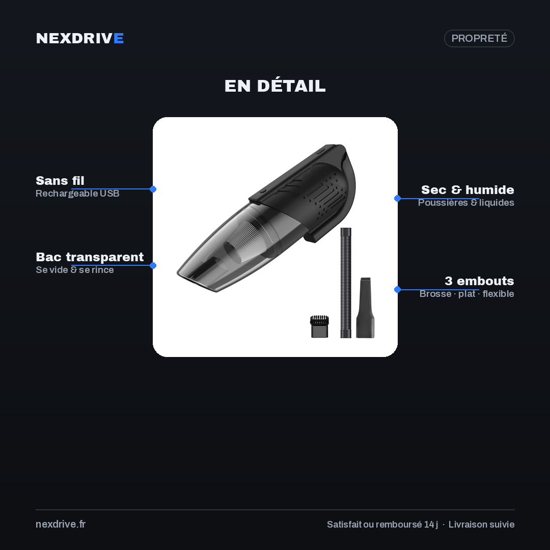 Aspirateur de Voiture Compact Sans Fil NEXDRIVE — Puissant & Rechargeable