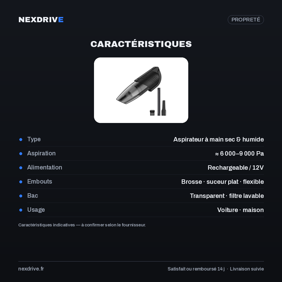 Aspirateur de Voiture Compact Sans Fil NEXDRIVE — Puissant & Rechargeable