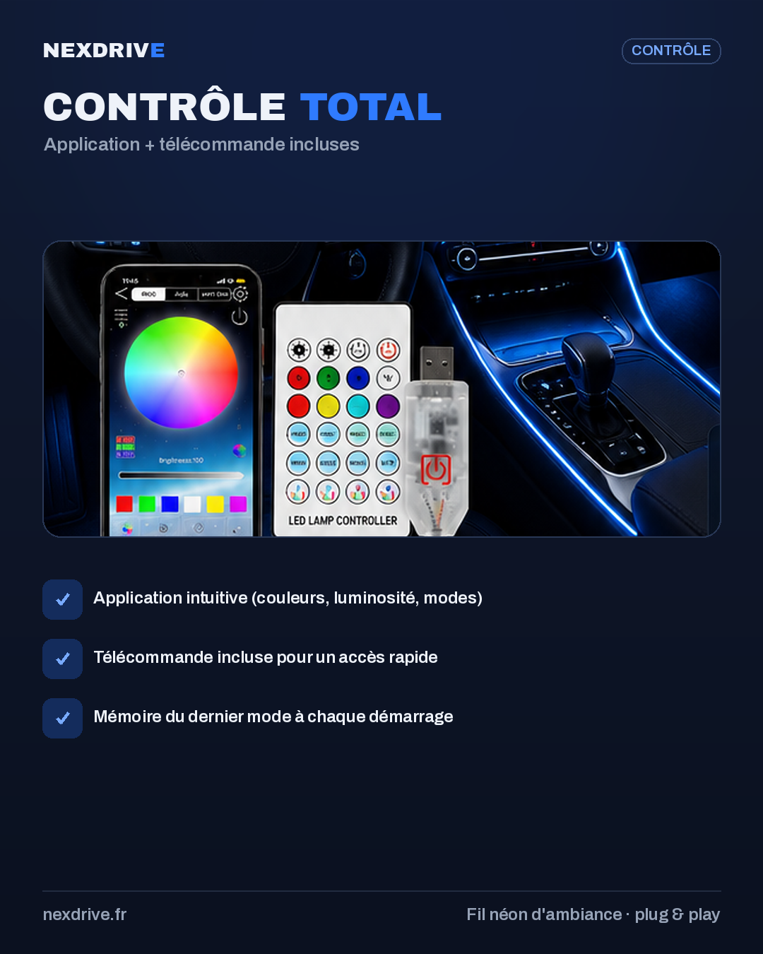 Éclairage Néon LED d'Ambiance Voiture NEXDRIVE — Plusieurs Couleurs